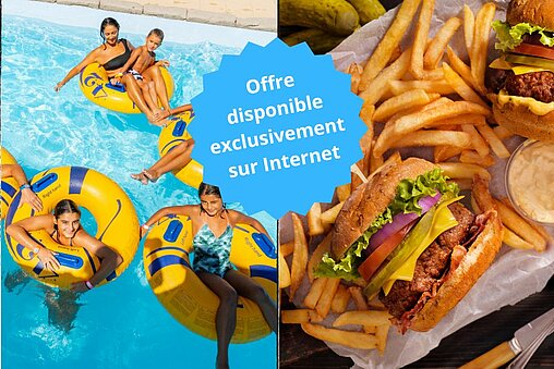 Une famille qui a acheté son billet combiné journée + repas s'amuse dans la lazy river d'Aquaparc.